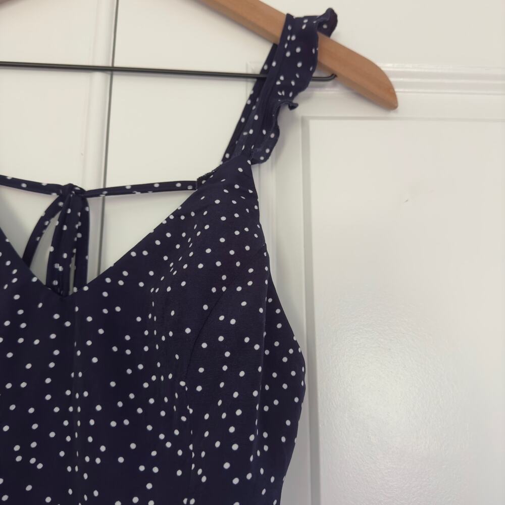 White Fox Polka Dot Mini Dress sleeveless ruffle tie bow back v-neck lightweight - Picture 4 of 14
